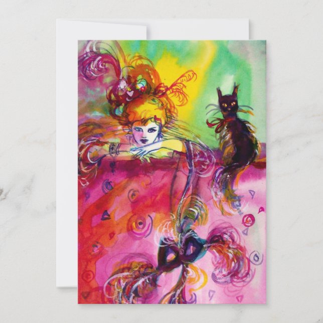 LADY WITH BLACK CAT /Mardi Gras  Masquerade Party Invitation (Front)