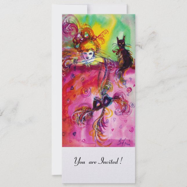 LADY WITH BLACK CAT /Mardi Gras  Masquerade Party Invitation (Front)