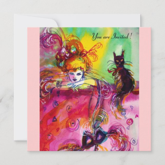 LADY WITH BLACK CAT /Mardi Gras  Masquerade Party Invitation (Front)