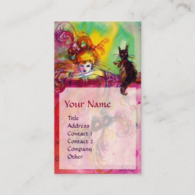 LADY WITH BLACK CAT / Venetian Masquerade Ball Business Card (Front)