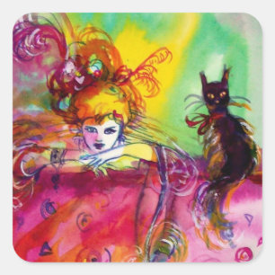 LADY WITH BLACK CAT / Venetian Masquerade Square Sticker