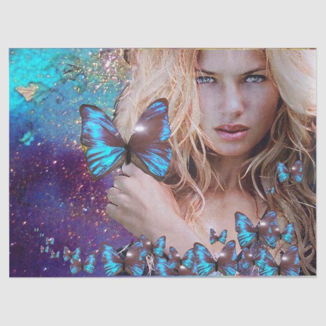 LADY WITH BLUE BUTERRFLY Beauty in Nature Tissue Paper (Front)