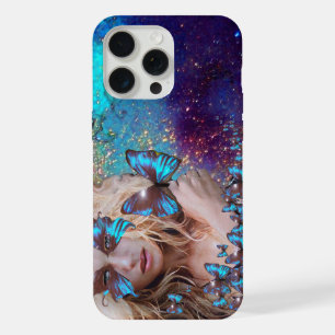 LADY WITH BLUE BUTTERFLY FLORAL GOLD SPARKLES iPho iPhone 15 Pro Max Case
