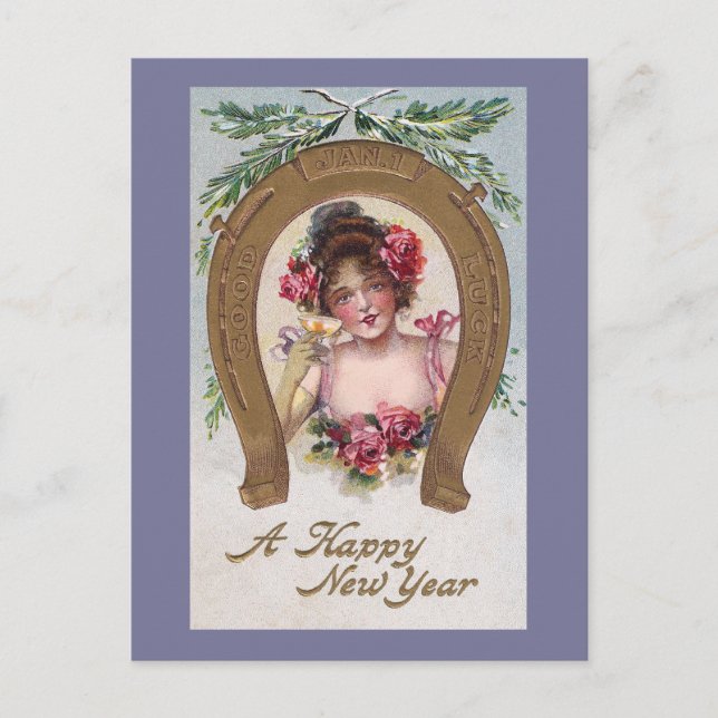 Lady with Champagne Antique New Year Holiday Postcard (Front)