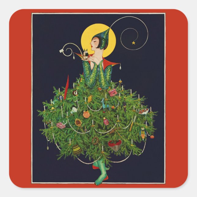 LADY WITH CHRISTMAS GIFTS ART DECO BEAUTY FASHION SQUARE STICKER (Front)