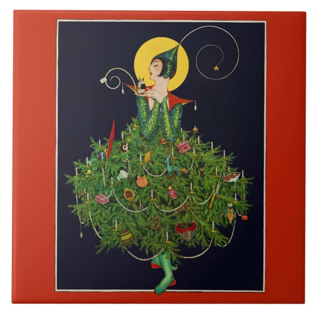 LADY WITH CHRISTMAS GIFTS ART DECO BEAUTY FASHION TILE (Front)