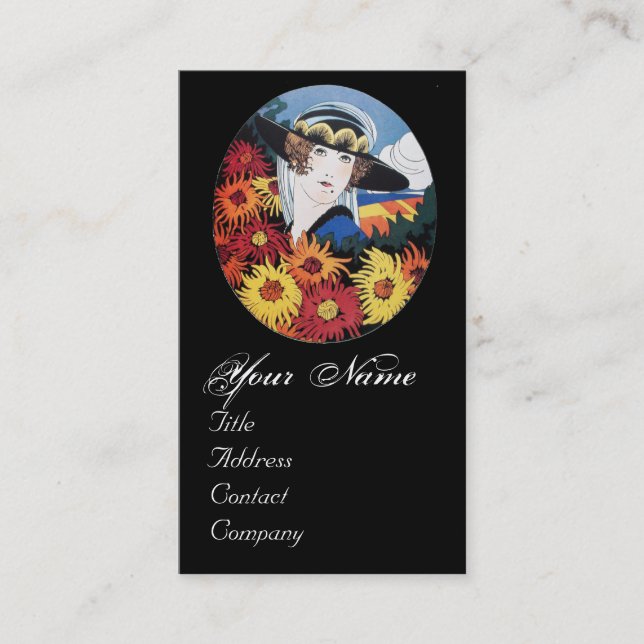 Lady with Chrysanthemum Flowers Business Card (Front)