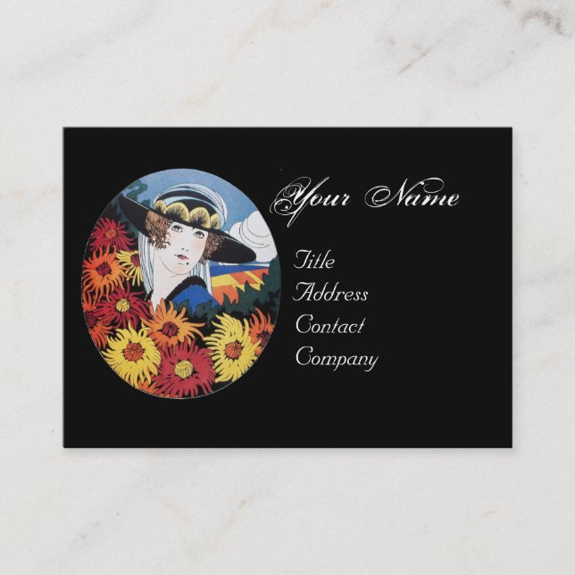 Lady with Chrysanthemum Flowers Business Card (Front)