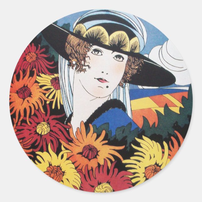 Lady with Chrysanthemum Flowers Classic Round Sticker (Front)