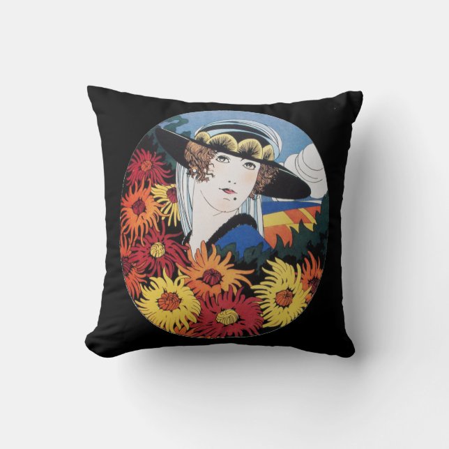 Lady with Chrysanthemum Flowers Cushion (Front)