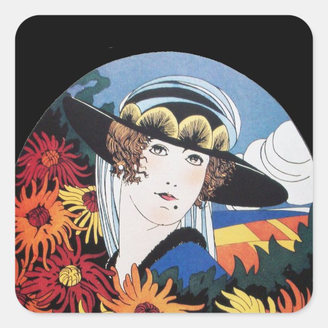 Lady with Chrysanthemum Flowers Square Sticker (Front)