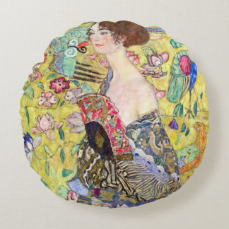 Lady with Fan by Gustav Klimt, Vintage Japonism Round Cushion
