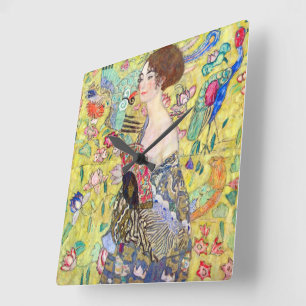 Lady with Fan by Gustav Klimt, Vintage Japonism Square Wall Clock