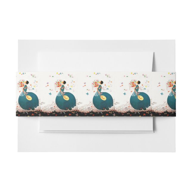 LADY WITH FLOWER BOUQUET AND BUTTERFLIES INVITATION BELLY BAND (Front Example)
