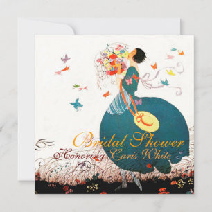 LADY WITH FLOWER BOUQUET AND BUTTERFLIES MONOGRAM INVITATION