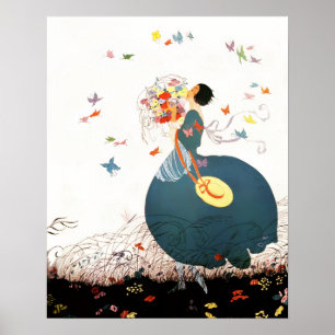 LADY WITH FLOWER BOUQUET AND BUTTERFLIES POSTER