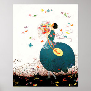LADY WITH FLOWER BOUQUET AND BUTTERFLIES POSTER