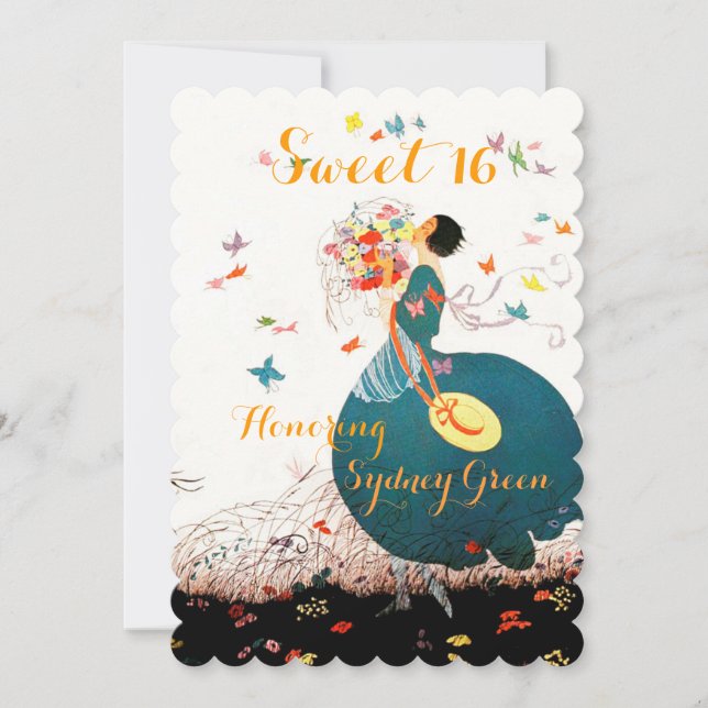 LADY WITH FLOWER BOUQUET AND BUTTERFLIES SWEET 16 INVITATION (Front)