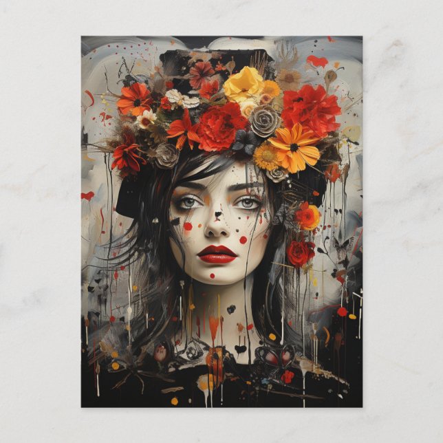Lady With Flowers in Her Hair Grunge Painting Postcard (Front)