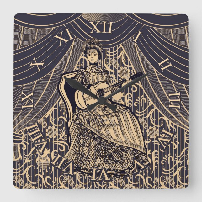 Lady with guitar  square wall clock (Front)