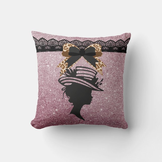 Lady with Hat Pink Faux Glitter Brown Leopard Bow Cushion (Front)