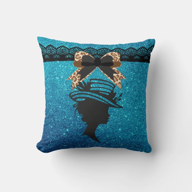 Lady with Hat Royal Blue Faux Glitter Throw Pillow (Front)
