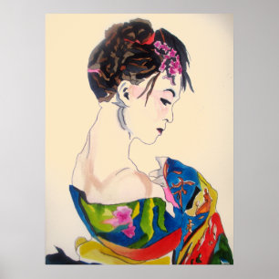 Lady with kimono Japanese style art Poster