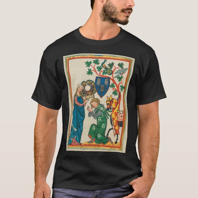 Lady with Knight, 14th Century Mediaeval Manuscrip T-Shirt (Front)
