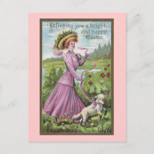Lady with Lamb on Leash Vintage Easter Holiday Postcard
