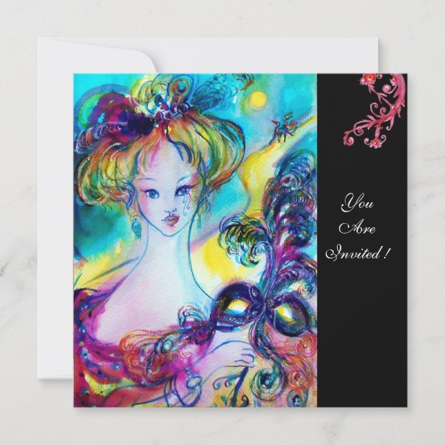 LADY WITH MASK / Venetian Masquerade Ball,black Invitation (Front)