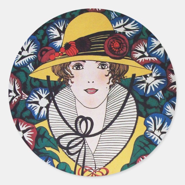 Lady with Morning Glories Classic Round Sticker (Front)