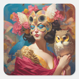 Lady With Owl Fantasy Art Square Sticker