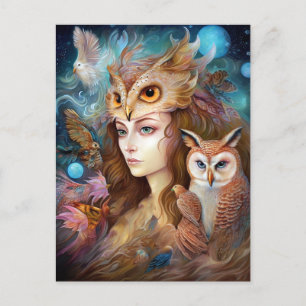 Lady With Owl Surreal Fantasy Art Postcard