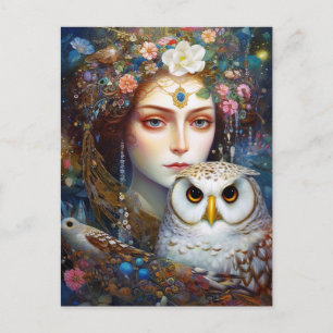 Lady With Owl Surreal Fantasy Art Postcard