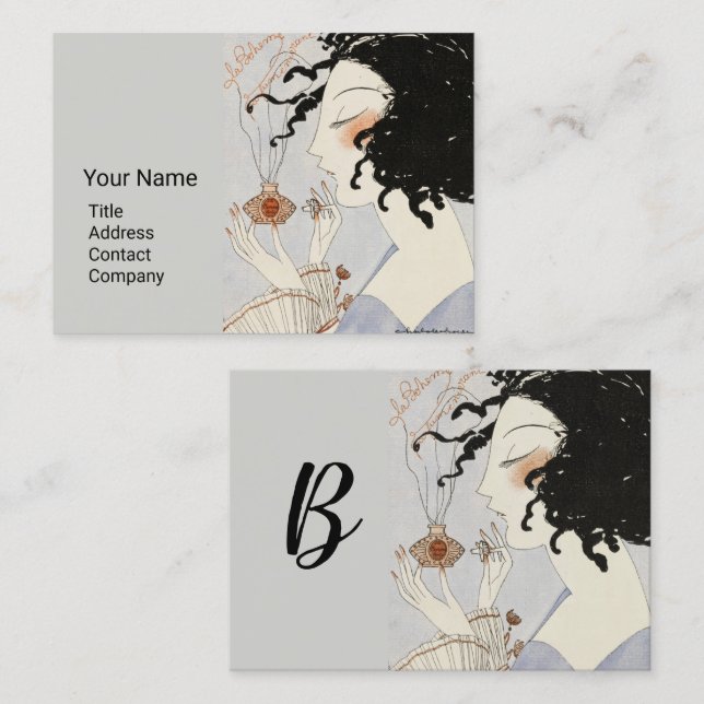 LADY WITH PERFUME BOTTLE ART DECO BEAUTY Monogram Business Card (Front/Back)