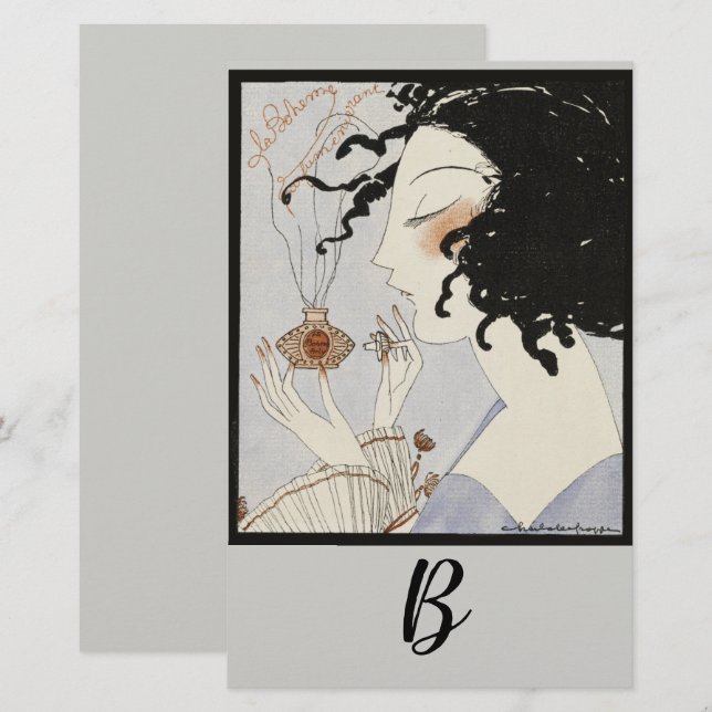 LADY WITH PERFUME BOTTLE ART DECO BEAUTY Monogram Stationery (Front/Back)