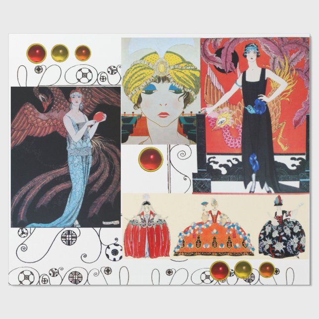 LADY WITH PHOENIX ,ART DECO BEAUTY FASHION COSTUME WRAPPING PAPER (Flat)