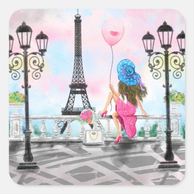 Lady with Pink Balloon Sticker - I Love Paris  (Front)