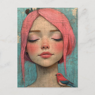 Lady with pink hair and a bird on her shoulder postcard