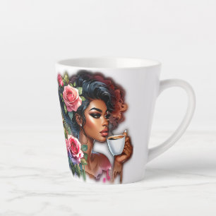 Lady With Pink Roses Drinking  Latte Mug