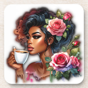 Lady With Pink Roses Enjoying Coffee Coaster