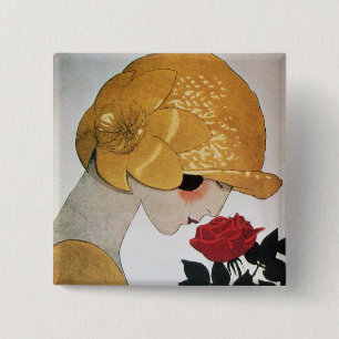 LADY WITH RED ROSE 15 CM SQUARE BADGE