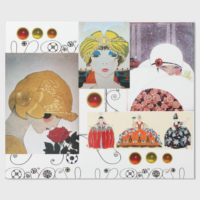 LADY WITH RED ROSE,ART DECO BEAUTY FASHION COSTUME WRAPPING PAPER (Flat)