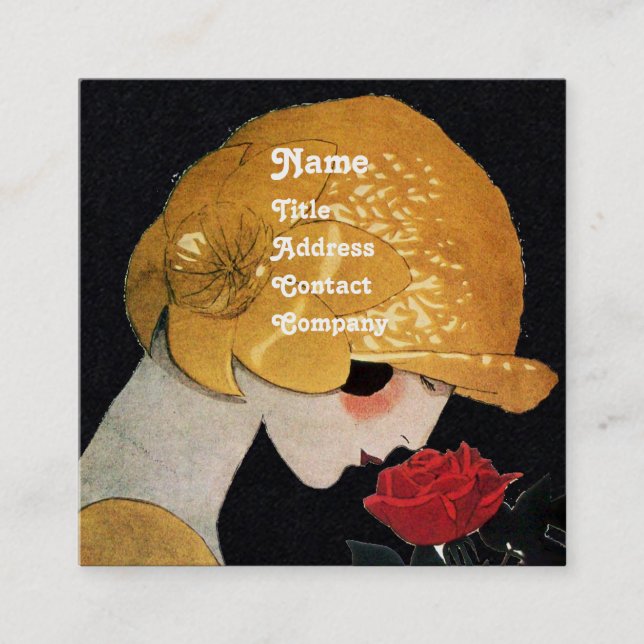 LADY WITH RED ROSE BEAUTY FASHION COSTUME Black Square Business Card (Front)