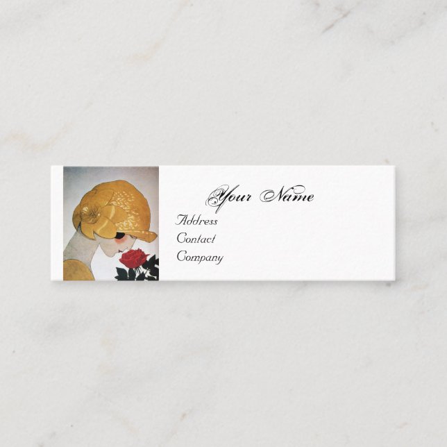 LADY WITH RED ROSE BEAUTY FASHION COSTUME DESIGNER MINI BUSINESS CARD (Front)