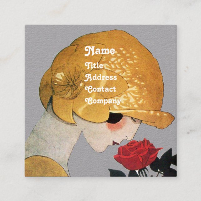 LADY WITH RED ROSE BEAUTY FASHION COSTUME Grey Square Business Card (Front)