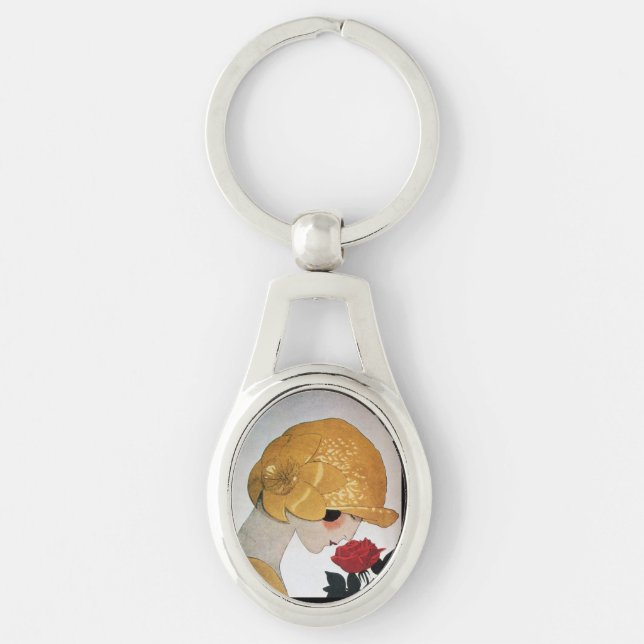 LADY WITH RED ROSE Beauty Fashion Key Ring (Front)