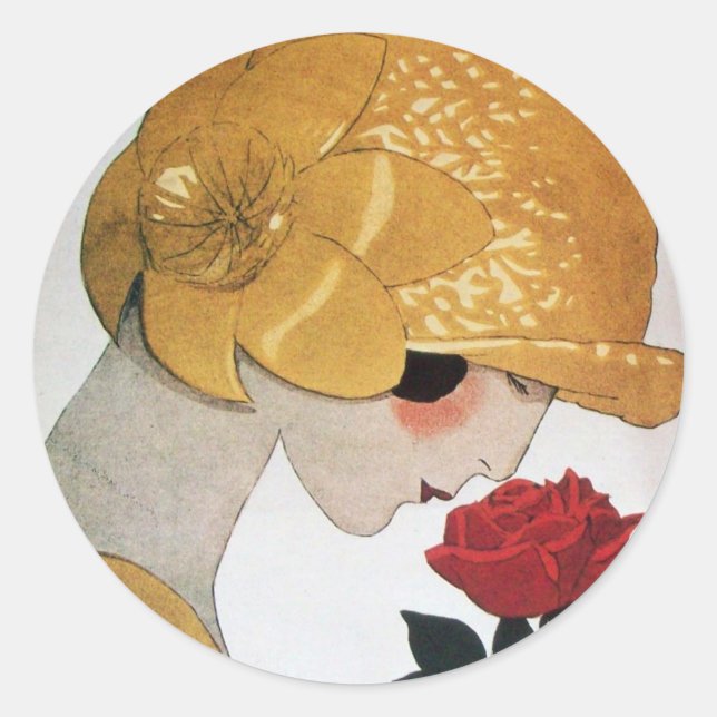 LADY WITH RED ROSE CLASSIC ROUND STICKER (Front)