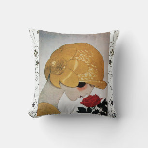 LADY WITH RED ROSE / Geometric Swirls  Cushion