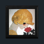 LADY WITH RED ROSE GIFT BOX<br><div class="desc">Vibrant , classy French Art Deco high fashion illustration. Portrait of a beautiful young woman wearing a golden hat with flower, black white , yellow , grey colours .Cool , modern and artistic design.</div>